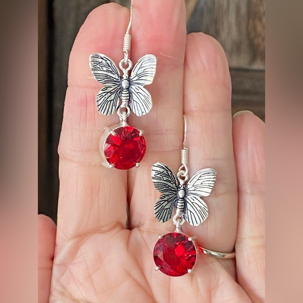 Handmade 925 Sterling Silver Butterfly Red Earrings